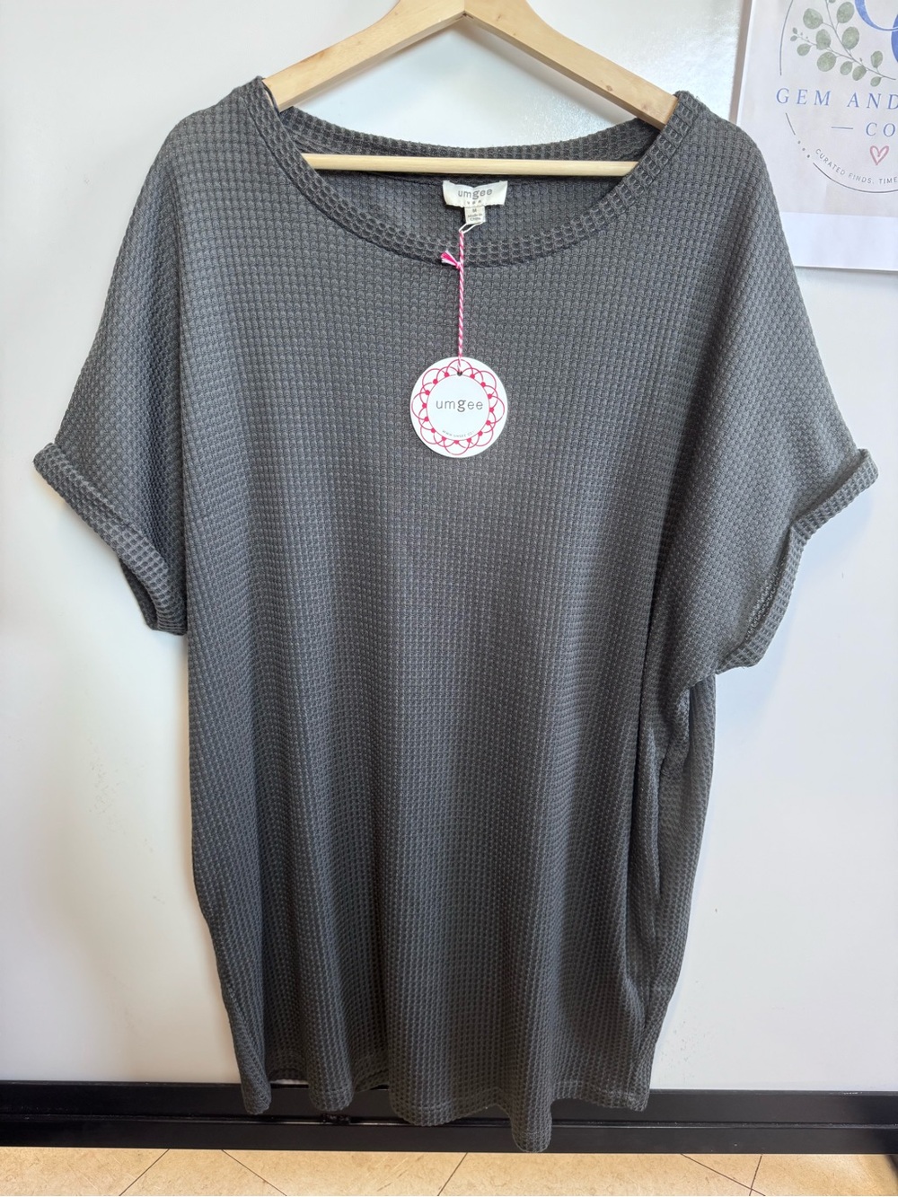 NWT Umgee Ash Gray Waffle Knit T-Shirt Dress Rolled Sleeve VERY Oversized Medium - Picture 3 of 9
